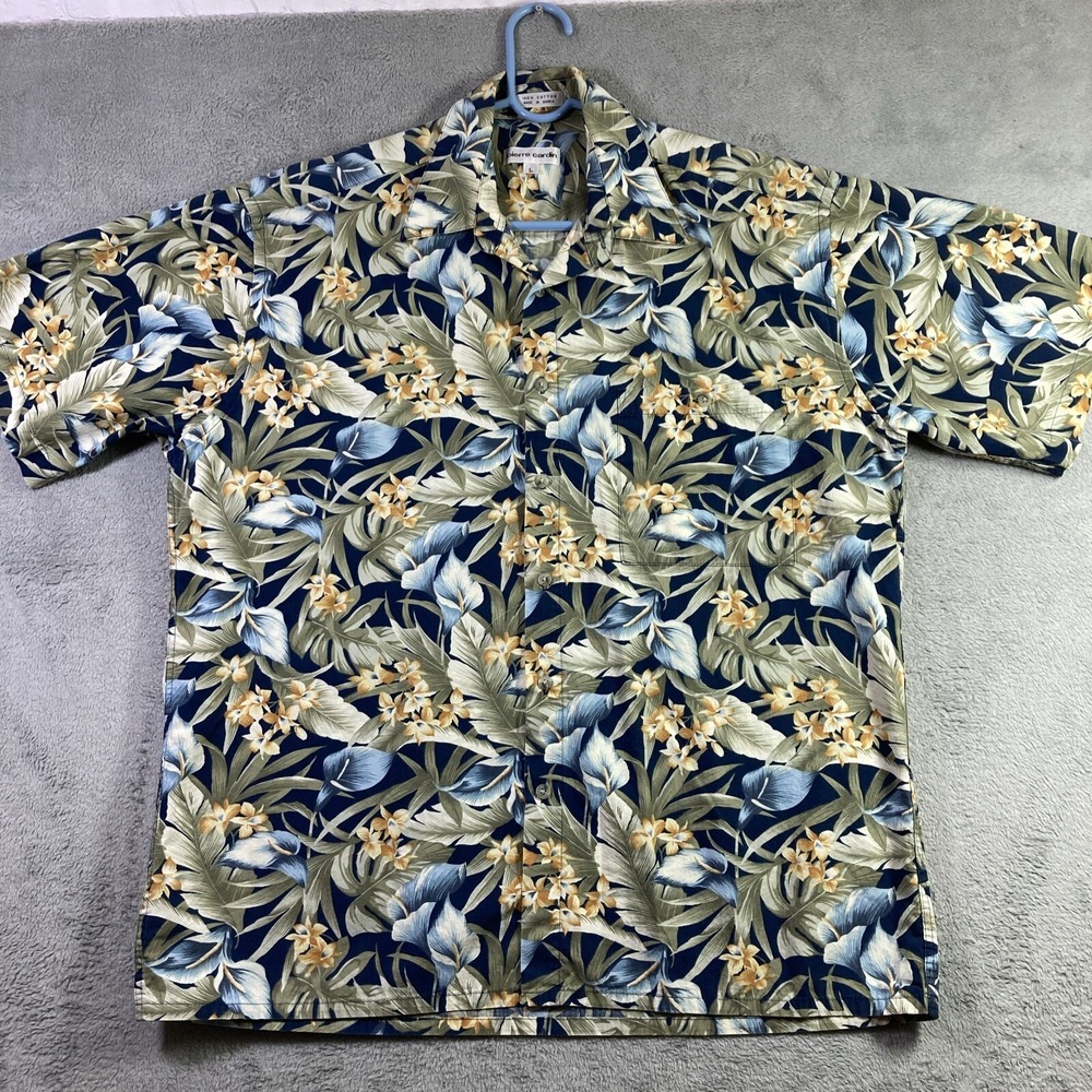 Vtg Pierre Cardin Hawaiian Shirt Men Large All Over Print Floral Button Up SS - Picture 1 of 16